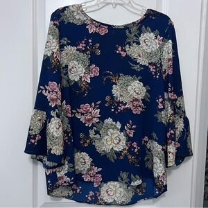 Floral Bell Sleeve Blouse in Navy and Pink
